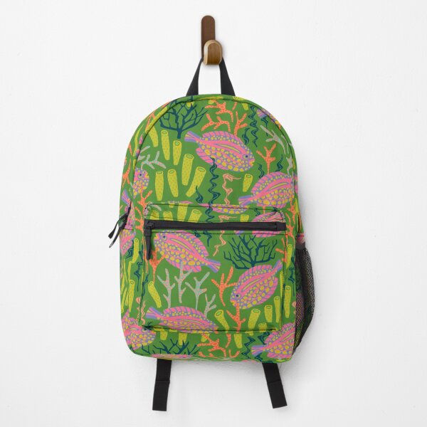 Item preview, TROPICAL ZONE Coral Reef Fish Undersea Ocean Sea Creatures in Bright Pink Purple Yellow Orange on Green - UnBlink Studio by Jackie Tahara designed and sold by Jackie Tahara of UnBlink Studio.