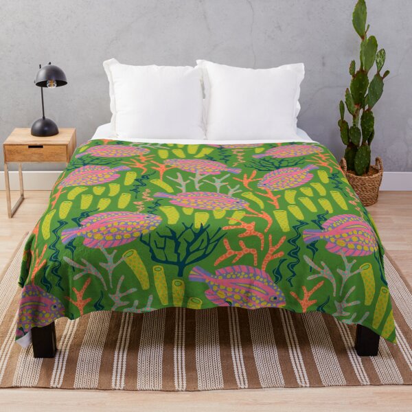 Item preview, TROPICAL ZONE Coral Reef Fish Undersea Ocean Sea Creatures in Bright Pink Purple Yellow Orange on Green - UnBlink Studio by Jackie Tahara designed and sold by Jackie Tahara of UnBlink Studio.