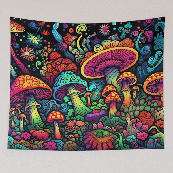 Aperçu de l'œuvre Psychedelic hippie mushrooms in retro style. créée et vendue par anytka.