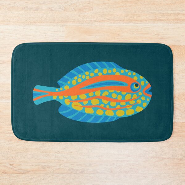 TROPICAL ZONE SINGLE SPOTTED FISH Coral Reef Undersea Ocean Sea Creatures in Bright Multi-Colours on Dark Teal Blue - UnBlink Studio by Jackie Tahara Bath Mat