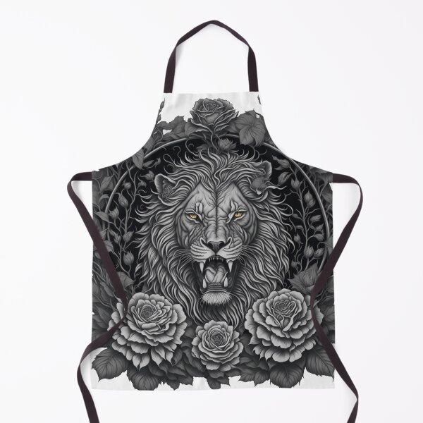 Item preview, Black and White Lion roaring with hazel eyes and classical roses elements emanating from center designed and sold by Inked-Attire.