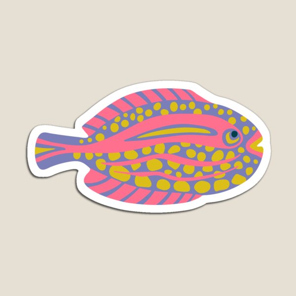 TROPICAL ZONE SINGLE SPOTTED FISH Coral Reef Undersea Ocean Sea Creatures in Bright Pink Purple Yellow on Green - UnBlink Studio by Jackie Tahara Magnet