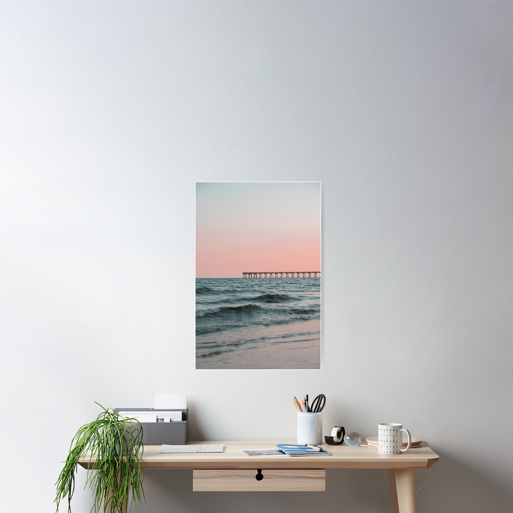 Pink Sky with Boardwalk Along the Ocean Poster