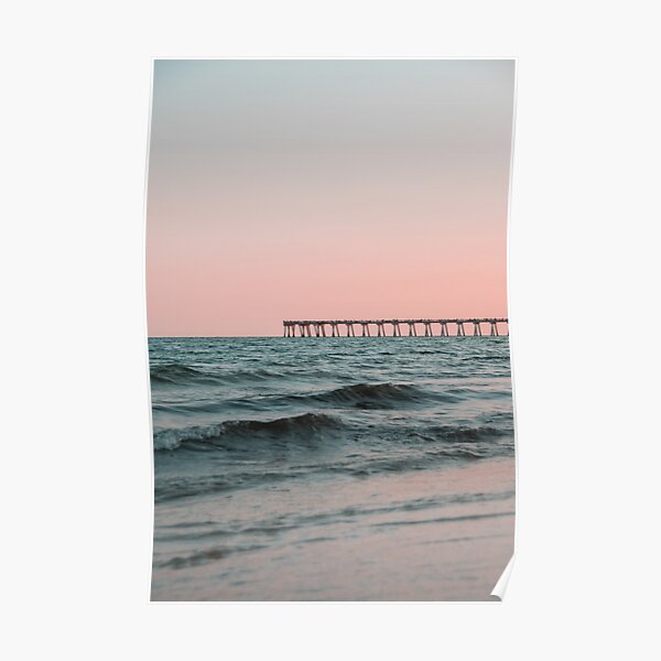 Pink Sky with Boardwalk Along the Ocean Poster