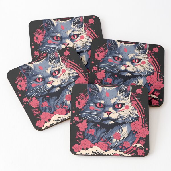Item preview, Tattoo of a cat with red, pink and blue ukiyo-e patterns, monochrome canvases, Han Dynasty, Tongan art. designed and sold by Kiyomi  Mizushima.