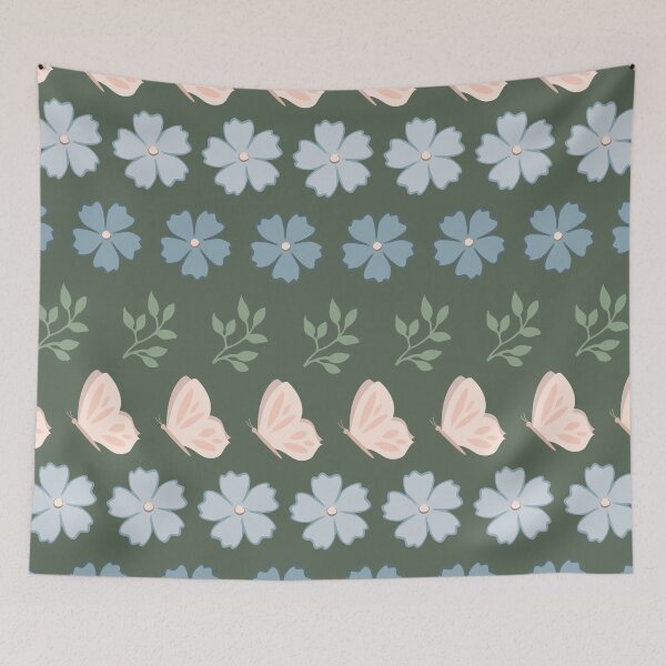 Item preview, Rows of leaves, flowers and butterflies on green background designed and sold by ImpalaMoon.