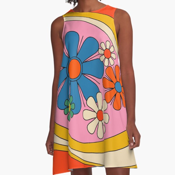 Item preview, Floral Daydream Retro Flower Colorful Lined 60s 70s Pattern Orange Pink Blue Mustard designed and sold by kierkegaard.