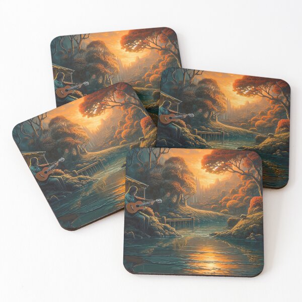 Item preview, Playing guitar at sunset -landscape-guitar-ai-music-bison-cute-sunflowers designed and sold by Hermossa-Art.