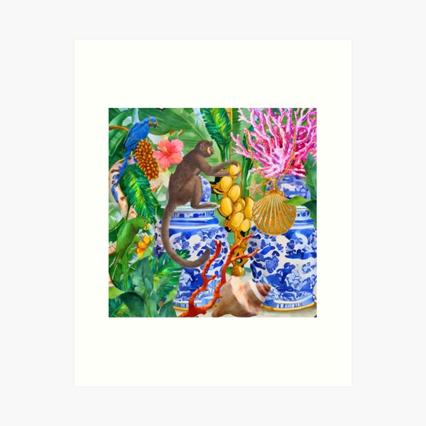 Item preview, Monkey, parrots and chinoiserie jars in tropical forest designed and sold by SophieClimaArt.