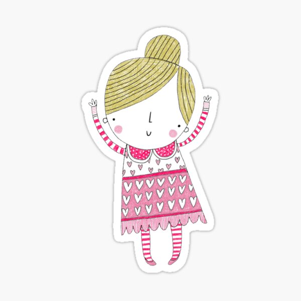 Little girl in a spots and hearts, pink and white dress and stripey tights Sticker