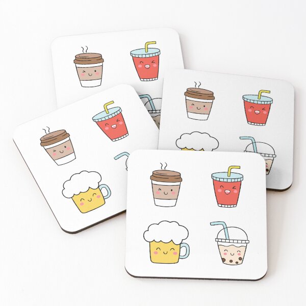 Aperçu de l'œuvre Boissons Kawaii mignonnes - Café Kawaii, Lait Kawaii, Bière Kawaii, Boisson gazeuse Kawaii (Ensemble de 4) créée et vendue par OFMdesigns.
