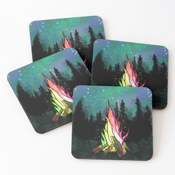 Item preview, Bonfire in the woods with northern lights designed and sold by JuniperWild.