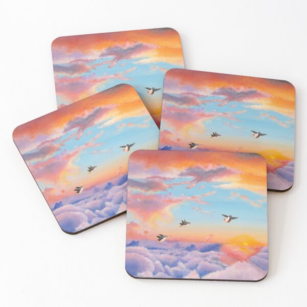 Item preview, Three penguins fly across colourful sunrise sky. designed and sold by PenguinGirl-Art.