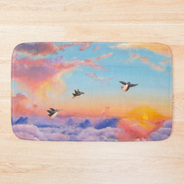 Item preview, Three penguins fly across colourful sunrise sky. designed and sold by PenguinGirl-Art.