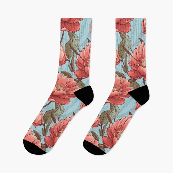 Item preview, Red peonies on a light blue background pattern designed and sold by ttecja.