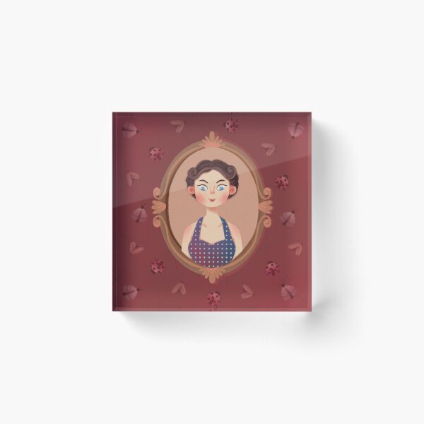 Cute Vintage Bugs Girl Wearing Blue White Dot Skirt Acrylic Block