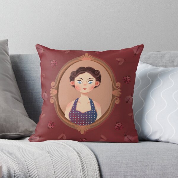 Cute Vintage Bugs Girl Wearing Blue White Dot Skirt Throw Pillow