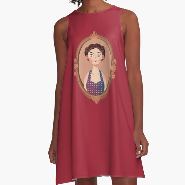 Cute Vintage Bugs Girl Wearing Blue White Dot Skirt A-Line Dress