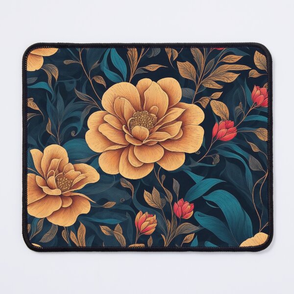 Item preview, Seamless Patterns of yellow and red flowers with dark background designed and sold by Inked-Attire.