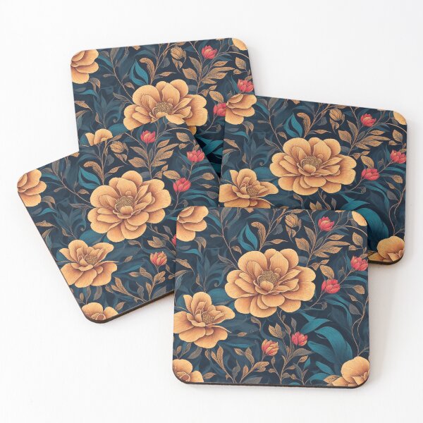 Item preview, Seamless Patterns of yellow and red flowers with dark background designed and sold by Inked-Attire.