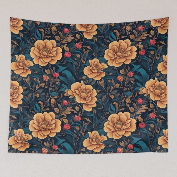 Item preview, Seamless Patterns of yellow and red flowers with dark background designed and sold by Inked-Attire.