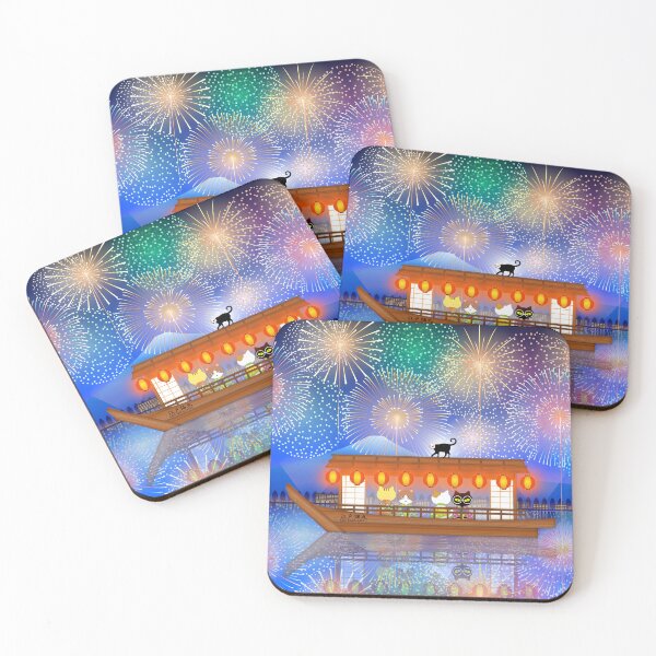 Item preview, Cats Delighting in Fireworks Aboard a Houseboat designed and sold by edo-neko.