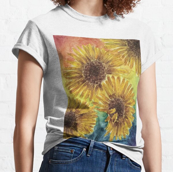 Watercolor Sunflowers on Rainbow Background Classic T-Shirt