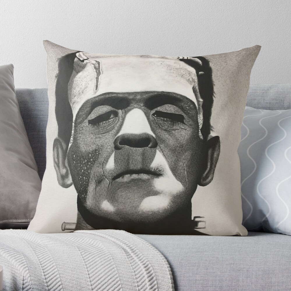 Disover Classic Monster Frankenstein Charcoal Drawing Throw Pillow