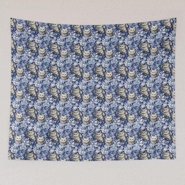 Aperçu de l'œuvre Kitty gris en fleurs à motifs bleus et blancs créée et vendue par bellarock.