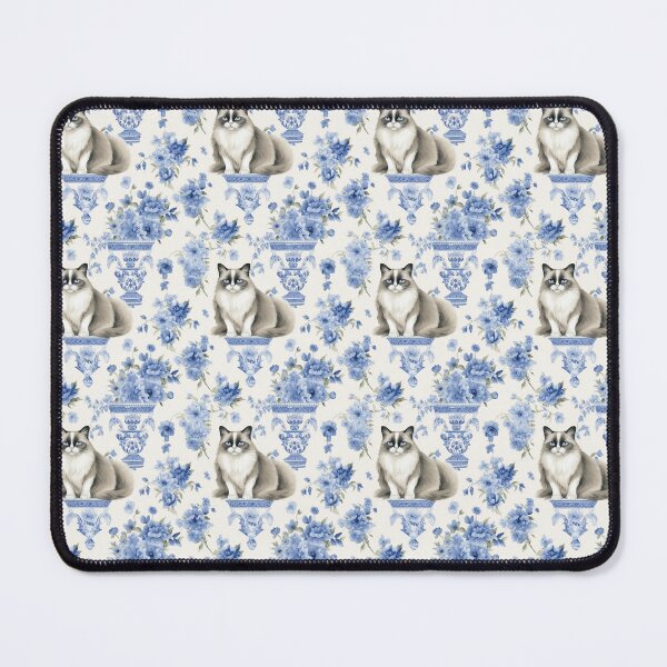 Aperçu de l'œuvre Papier peint Ragdoll Cat Blanc & Bleu à fleurs créée et vendue par bellarock.