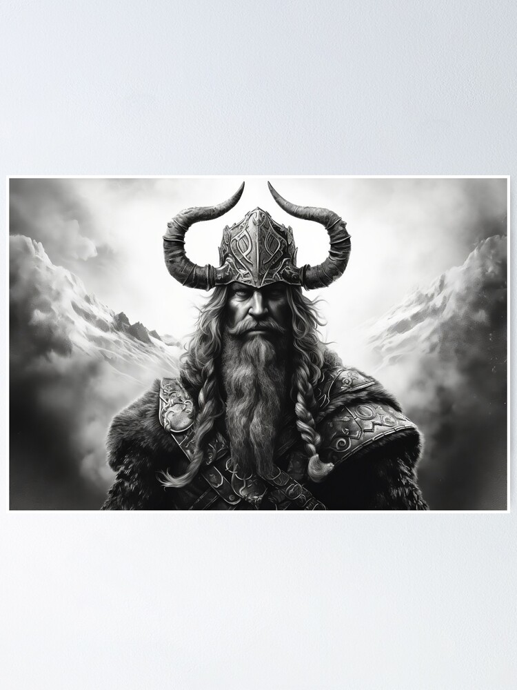 Viking Warrior Norse Black and White Portrait Monochrome Design Crow Horns  Helmet Scandinavian Warrior Poster by BWWallArt