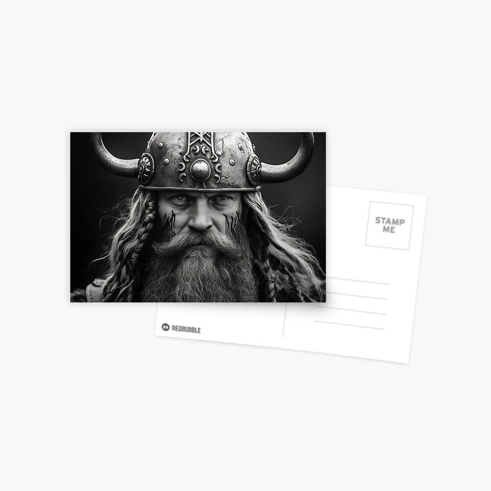 Viking Warrior Norse Scandinavian Black and White Portrait Poster Design  Monochrome Horns Helmet Sticker by BWWallArt