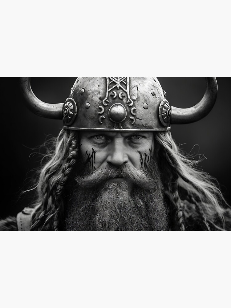 Viking Warrior Norse Scandinavian Black and White Portrait Poster Design  Monochrome Horns Helmet Sticker by BWWallArt