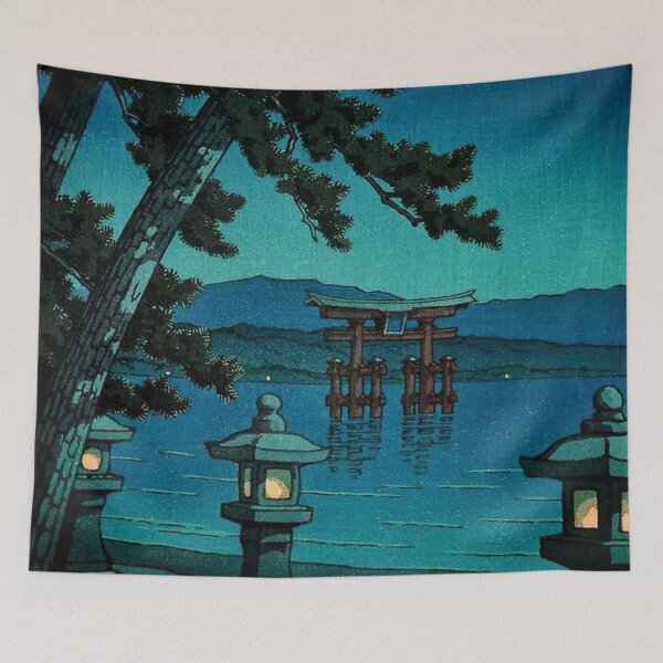 Item preview, Japanese Moonlit Night Gate Sea Hasui Kawase Poster 2023 designed and sold by gracillisJeane.