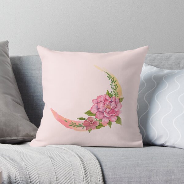 Aquarelle florale rose croissant de lune Coussin