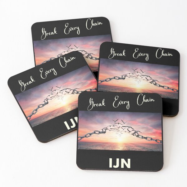 Item preview, Uplifting Christian Positive Prayer & Photography: Break Every Chain IJN (in Jesus' Name) - Birds Fly Free at Sunrise over Ocean | Christian designed and sold by Ceramic Scripture.