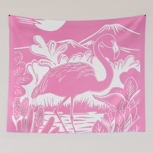 Item preview, Flamingo in a jungle lake Linocut designed and sold by Maddy Bennett.