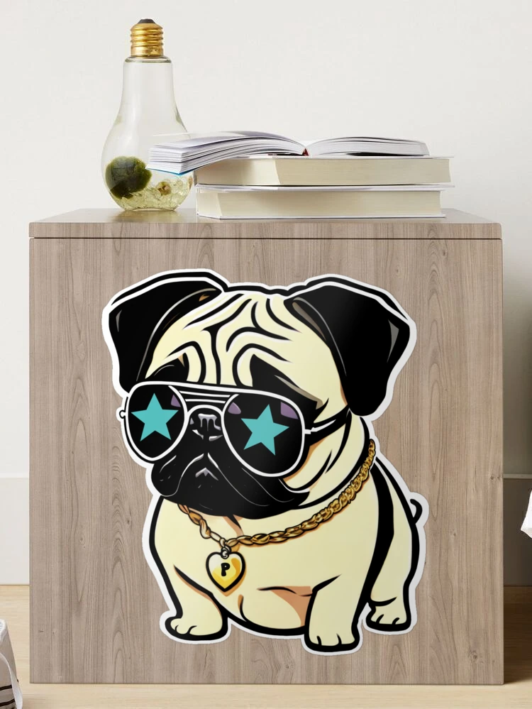 PUG 4 LIFE, Cute Pug Dog Sunglasses Gold Chain' Sticker