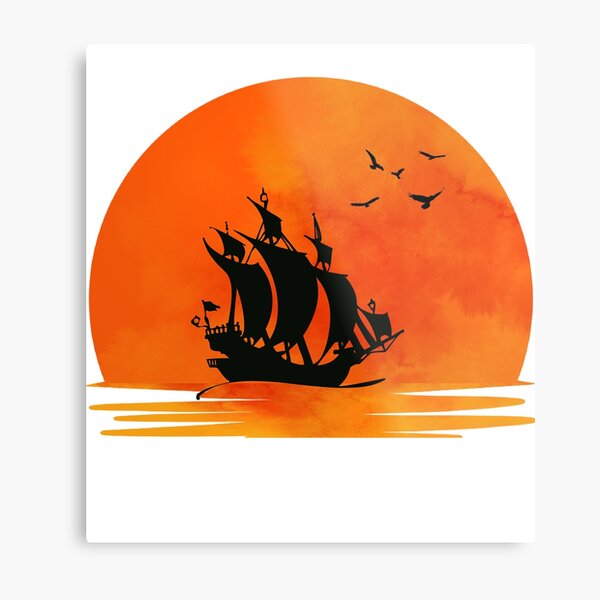 A ship at sea against the backdrop of a setting sun. Metal Print