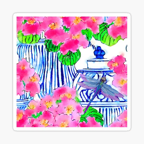 Item preview, Dragonfly and chinoiserie jars with pink pansies designed and sold by SophieClimaArt.