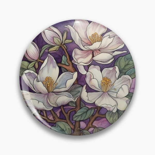 Artikelvorschau, Blühende weiße Magnolienblüten im Jugendstil auf königlichem violettem Hintergrund entworfen und verkauft von DarlaEdnaFleur.