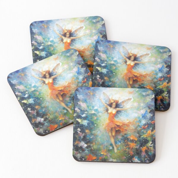 Item preview, Fairy Flight Fantasy - Vivid Fairy Academia Fantasy Painting, 20" x 20", Energetic Dynamism, Graceful Movement, Orange & Aquamarine, Wall Art, Home Decor designed and sold by stateofhuman.