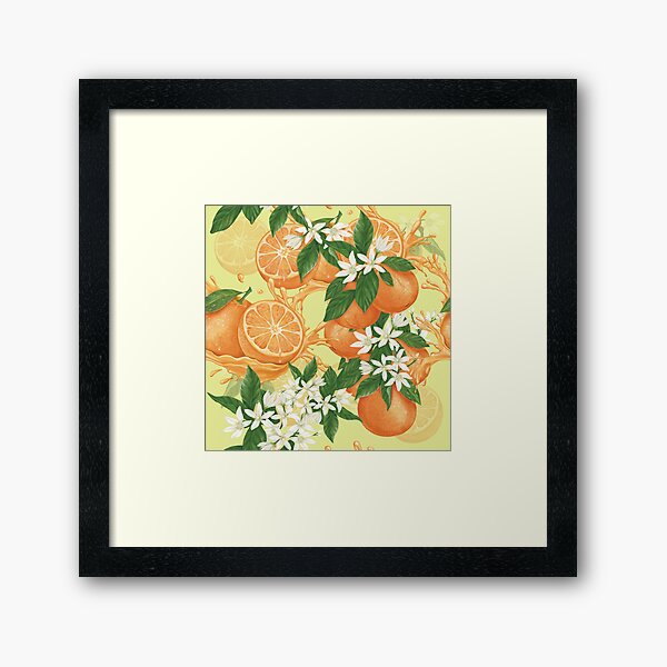 Half and full oranges and mandarin orange flowers with liquid splash Framed Art Print