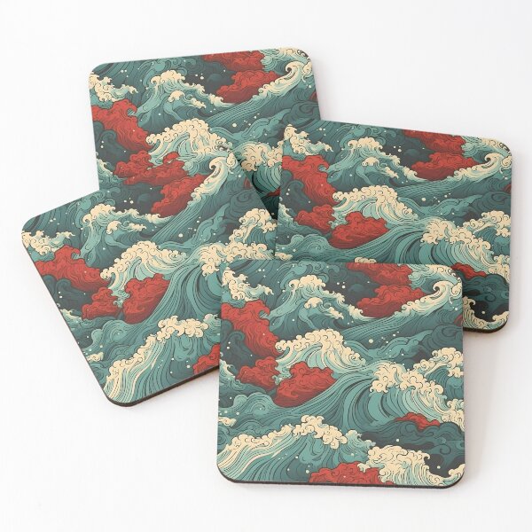 Item preview, Red-Green Waves in Traditional Japanese Style designed and sold by TheBlackPixelCo.