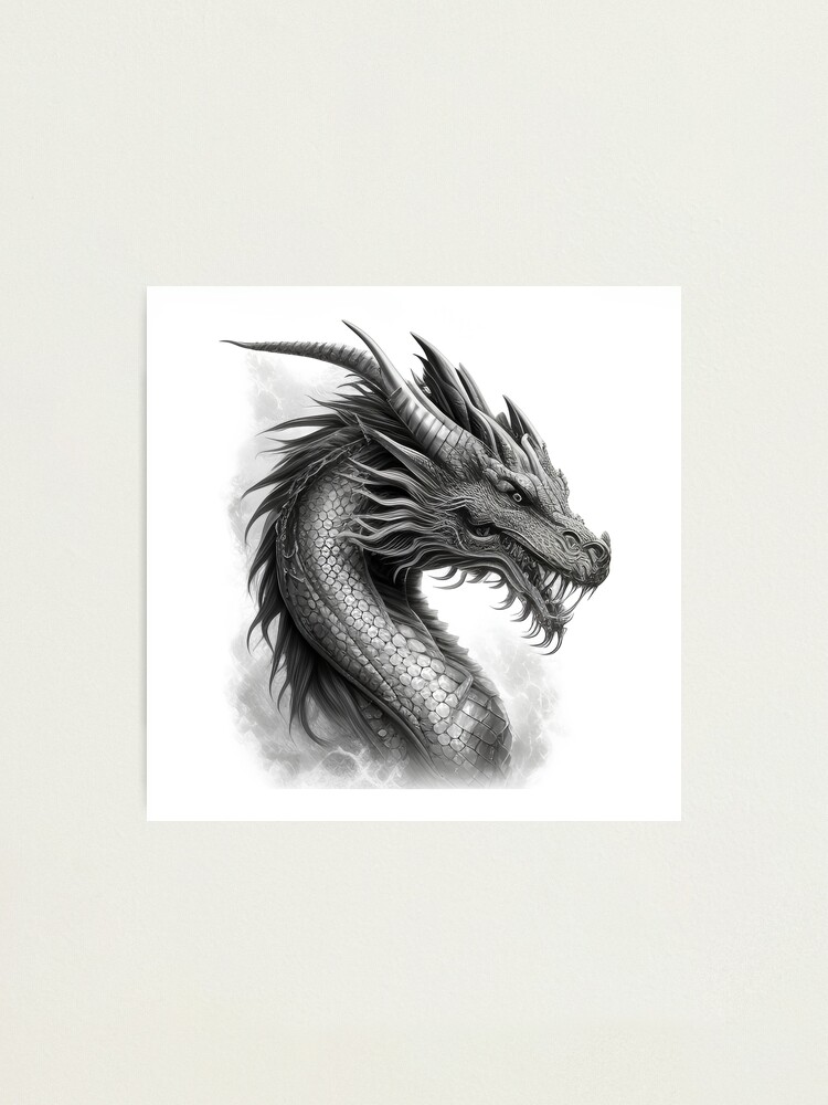 Black and white pencil drawing of a Chinese Dragon