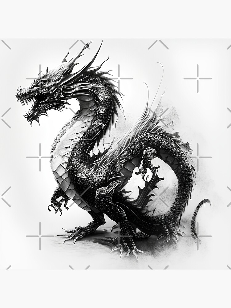 Fierce Chinese Dragon Black Line Drawing Design | Poster