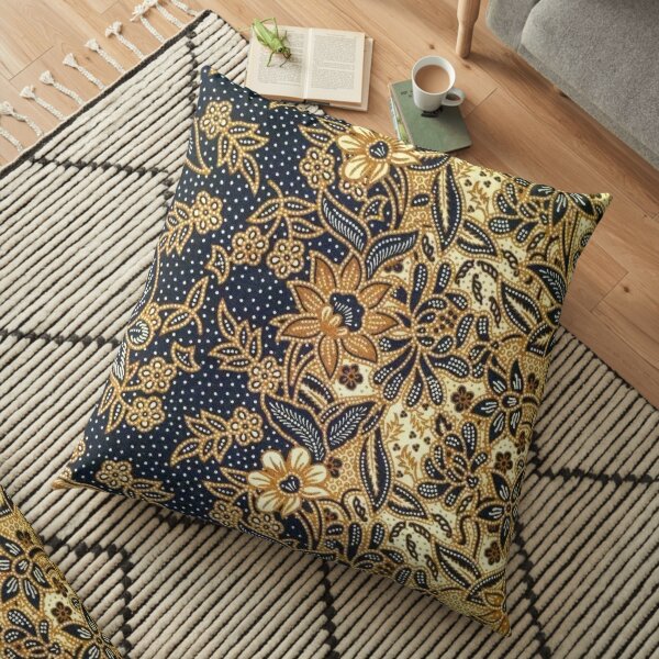 Black, light brown, pattern, flowers, leaves Floor Pillow