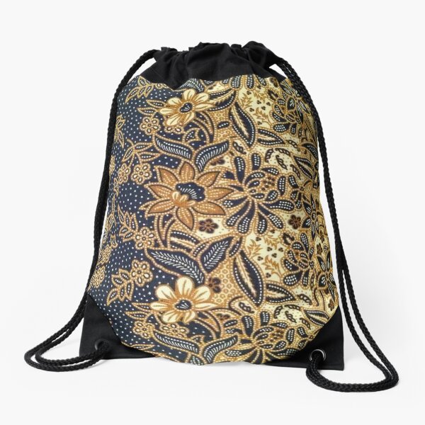 Black, light brown, pattern, flowers, leaves Drawstring Bag