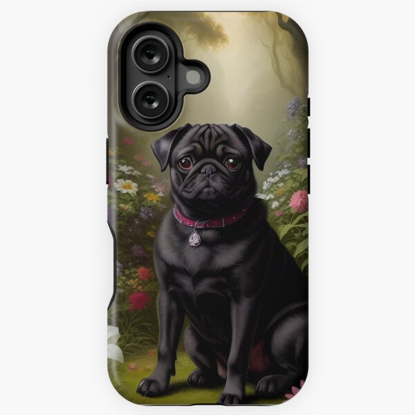 Vista previa del artículo con la obra «Lindo perro pug negro en bosque floral encantado», diseñado y vendido por Ima-Shel-Mae.