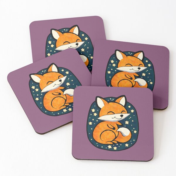 Item preview, A painted design of a cute, happy little fox with a big fluffy tail, on a green-blue starry sky (Purple background version) designed and sold by ArtfulOctopus.